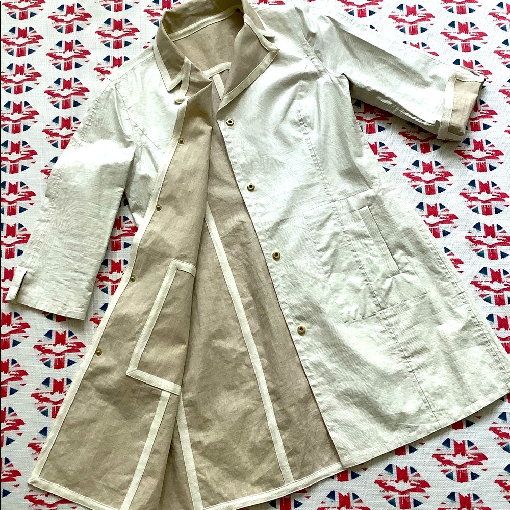 Yansi Fugel Reversible Cream Linen Faux Snake Skin Trench Coat